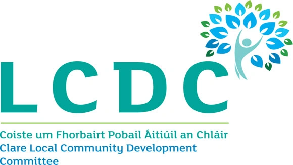 Logo of the Clare Local Community Development Committee (LCDC). The text includes the Irish translation "Coiste um Fhorbairt Pobal Áitiúil an Chláir".