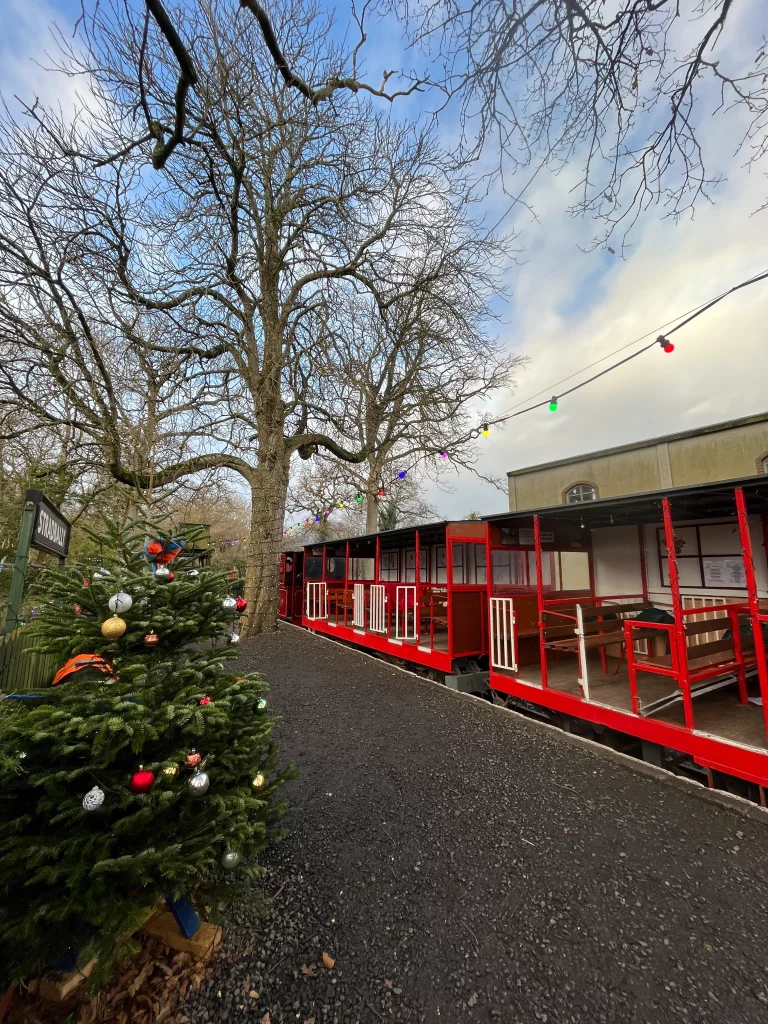 Christmas tree adorned with decorations beside a red train carriage on a gravel path, with bare trees and festive lights overhead against a cloudy sky.