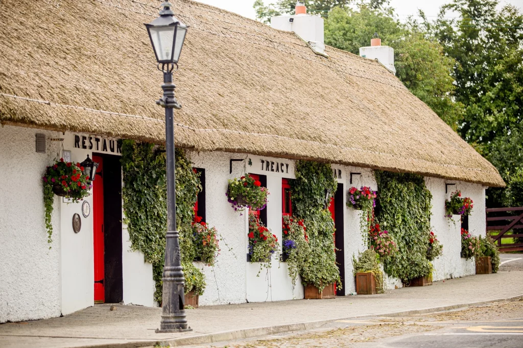 Thatched-roof pub and restaurant with vibrant flower displays, inviting entrance doors, and a traditional country setting.