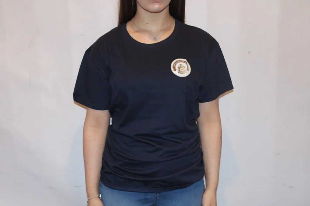 Navy blue T-shirt worn by a young woman.