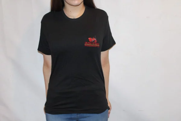 Black t-shirt featuring the "Irish Steam Preservation Society" logo in red, worn by a woman.