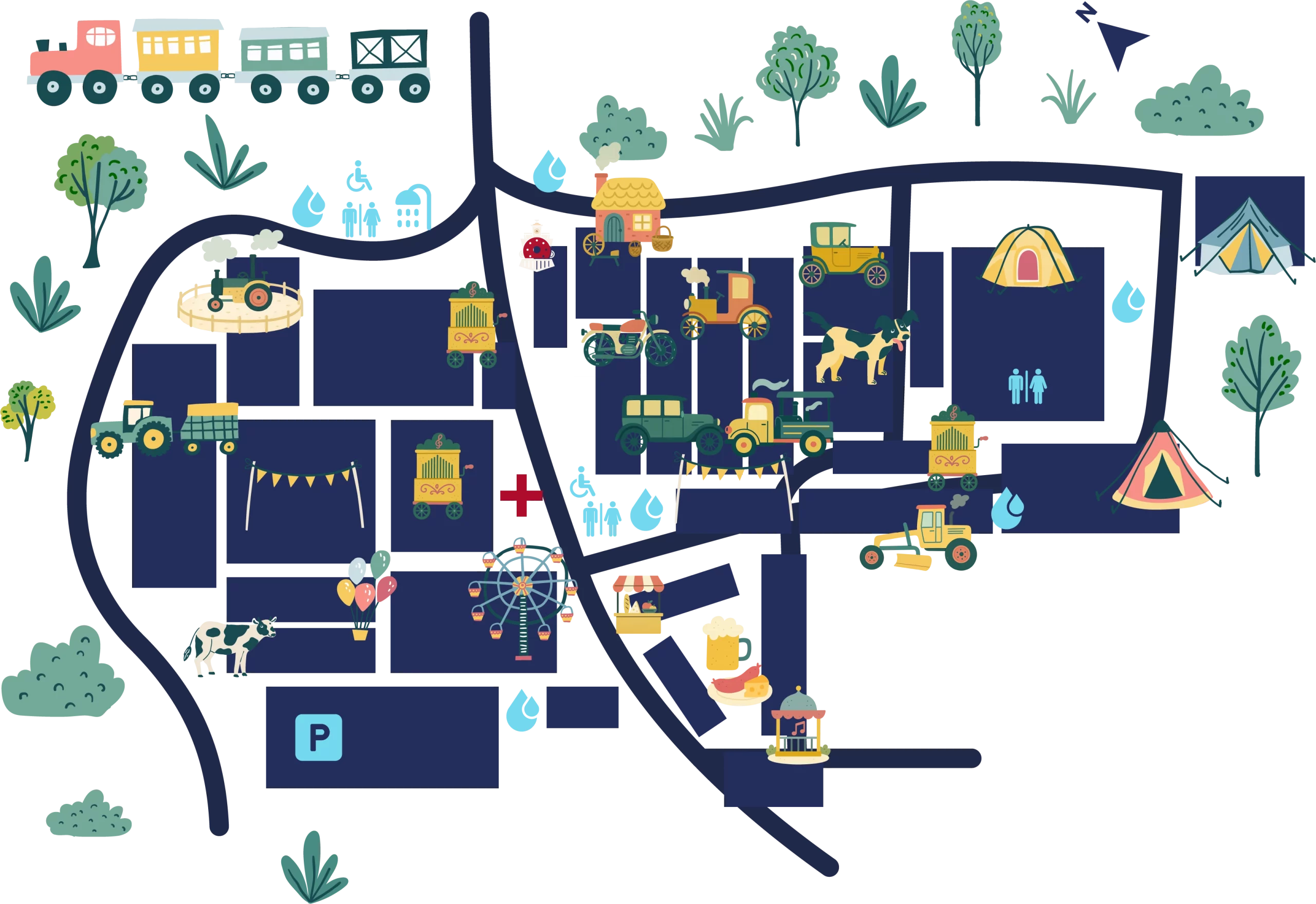 Colourful festival map featuring various attractions such as a Ferris wheel, food stalls, tents, and historical vehicles, set against a dark background for visibility.
